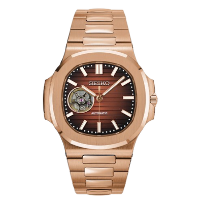 Seiko Mod Nautilus Or Rose Caramel Ouverte – Squelette NH38 | ValtikWatches