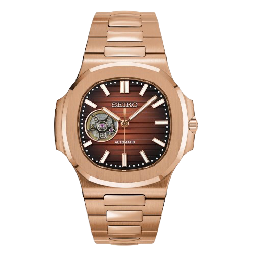 Seiko Mod Nautilus Or Rose Caramel Ouverte – Squelette NH38 | ValtikWatches