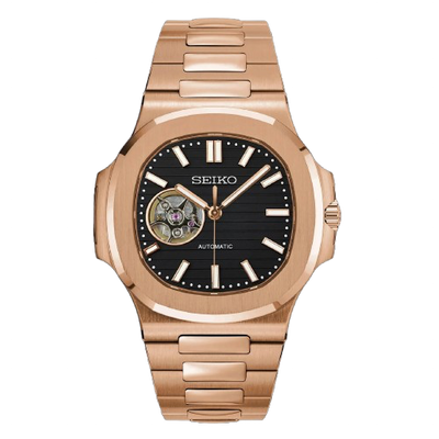 Seiko Mod Nautilus Or Rose Noire Ouverte – Squelette NH38 | ValtikWatches