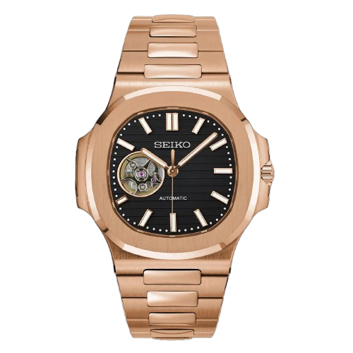 Seiko Mod Nautilus Or Rose Noire Ouverte – Squelette NH38 | ValtikWatches