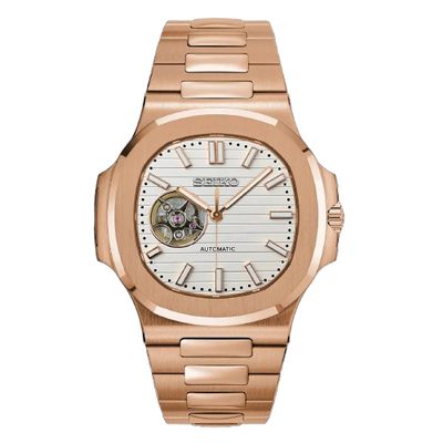 Seiko Mod Nautilus Or Rose Blanche Ouverte – Squelette NH38 | ValtikWatches